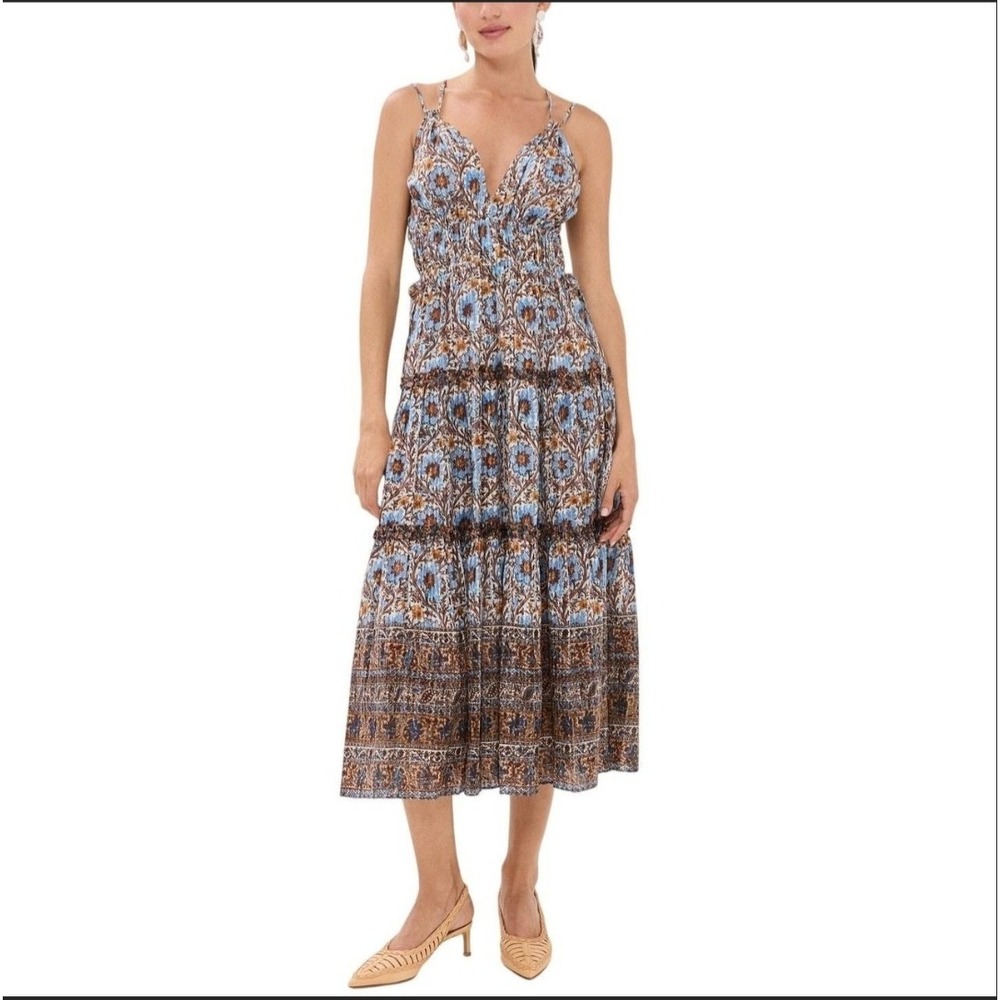 Ulla Johnson Rosa Blue Floral Smocked Tiered Midi Dress Size 6 Cotton Viscose
